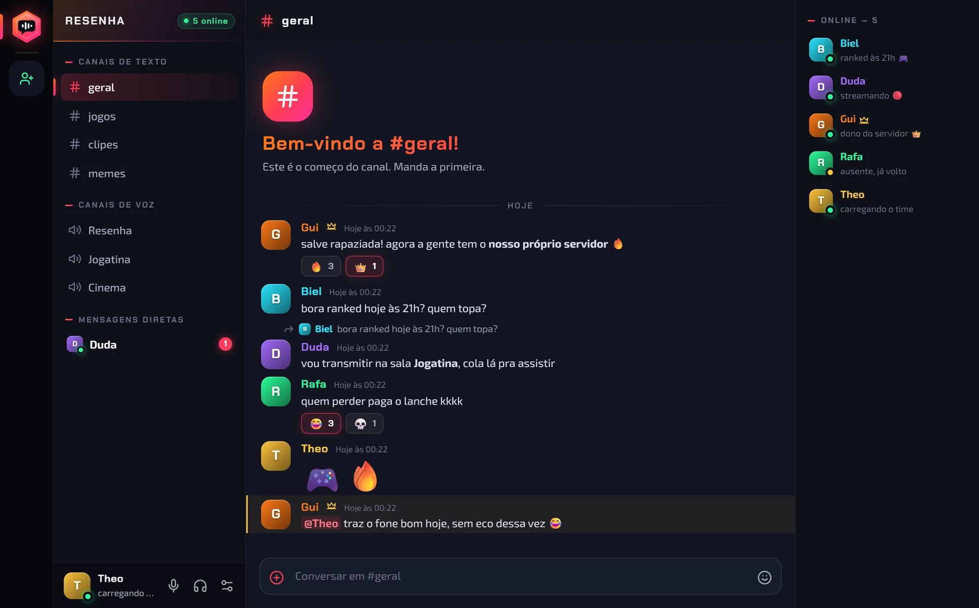 Chat do Resenha com reações e respostas